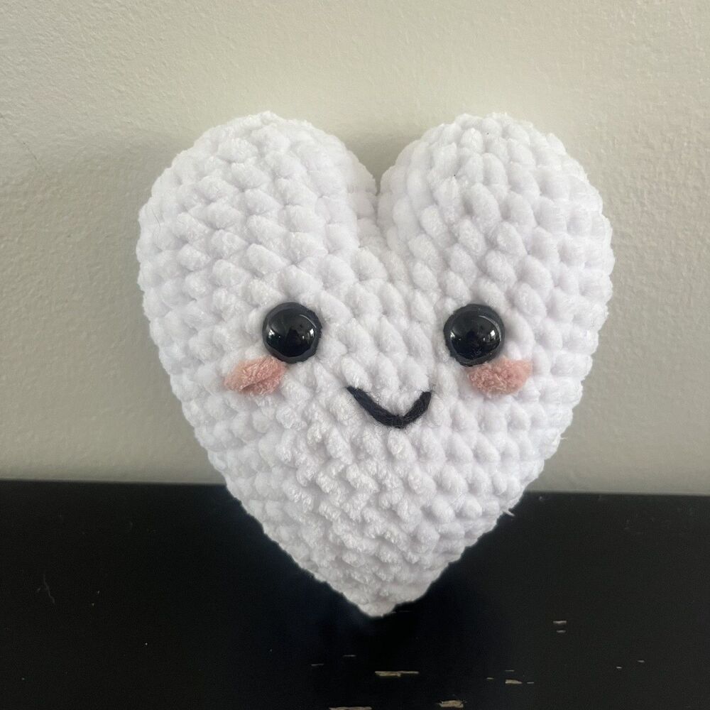 Handmade White Crochet Heart Plushie Valentine’s Day Gift, Amigurumi Heart Decor
